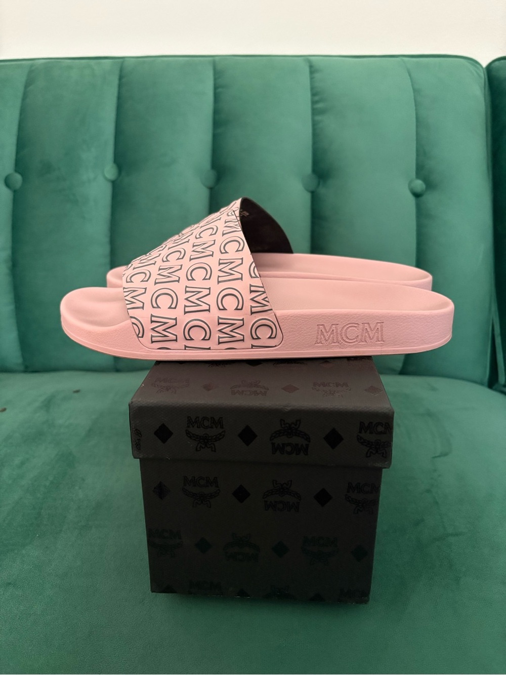 MCM Pink Logo Slide Sandals with All-Over Monogram - Picture 4 of 5